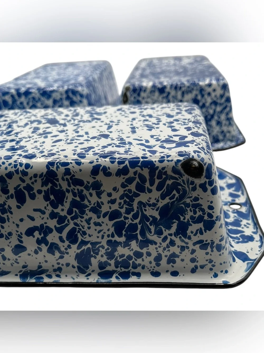 3 Vintage Enamelware Baking Loaf Pans Blue White Splatter CGS International